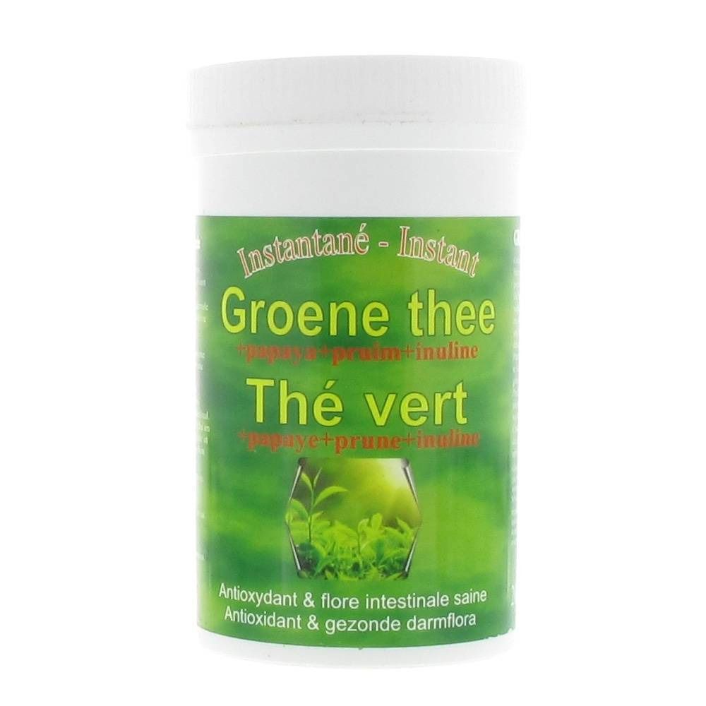 Contenant blanc avec étiquette verte. Inscription : Groene thee, Thé vert. Contient de l'inuline et de la papaye. Antioxydant.