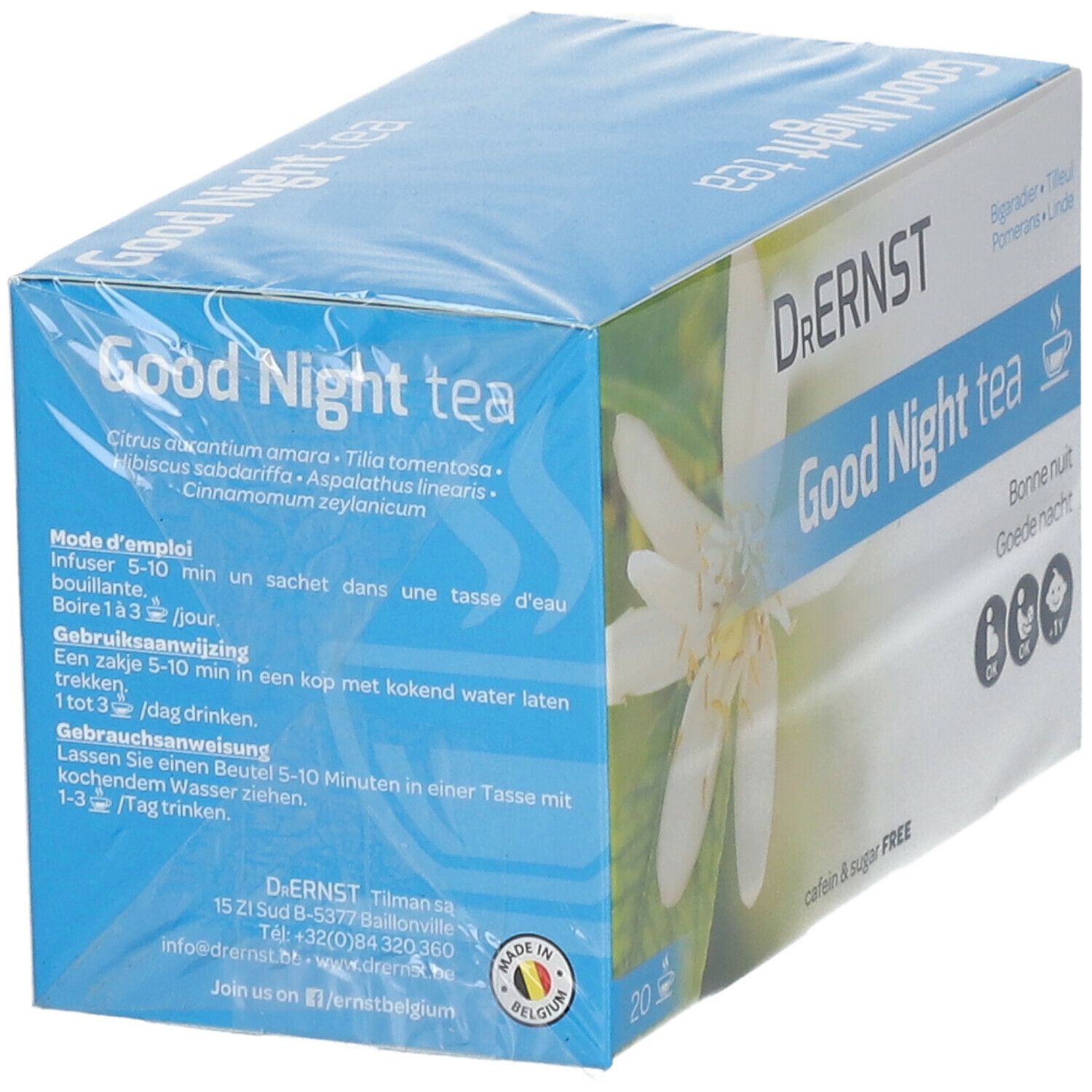Emballage de thé Good Night Dr. Ernst. Boîte bleue avec motif floral et informations produit. 20 sachets.