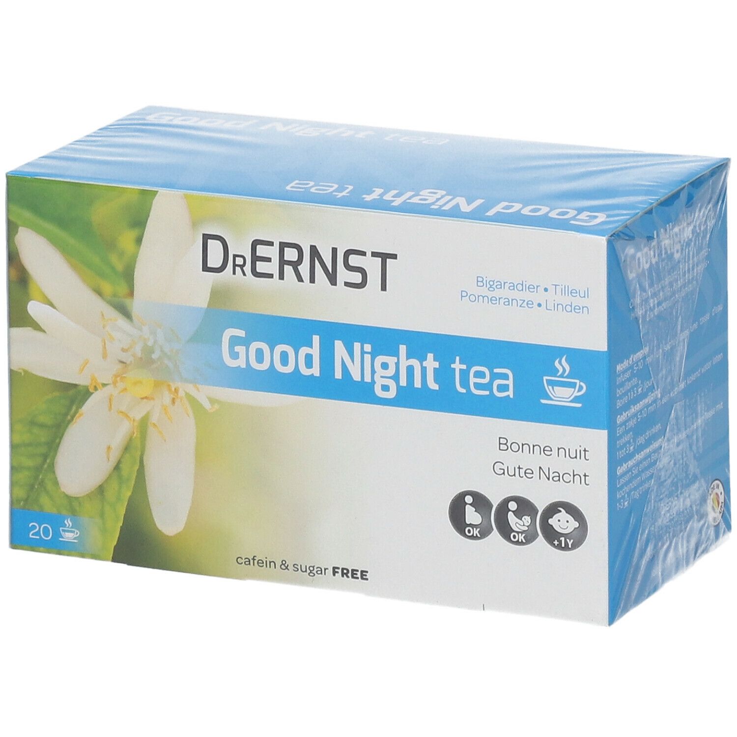 Emballage de thé Good Night Dr. Ernst. Boîte bleue avec motif floral et nom du produit. 20 sachets.