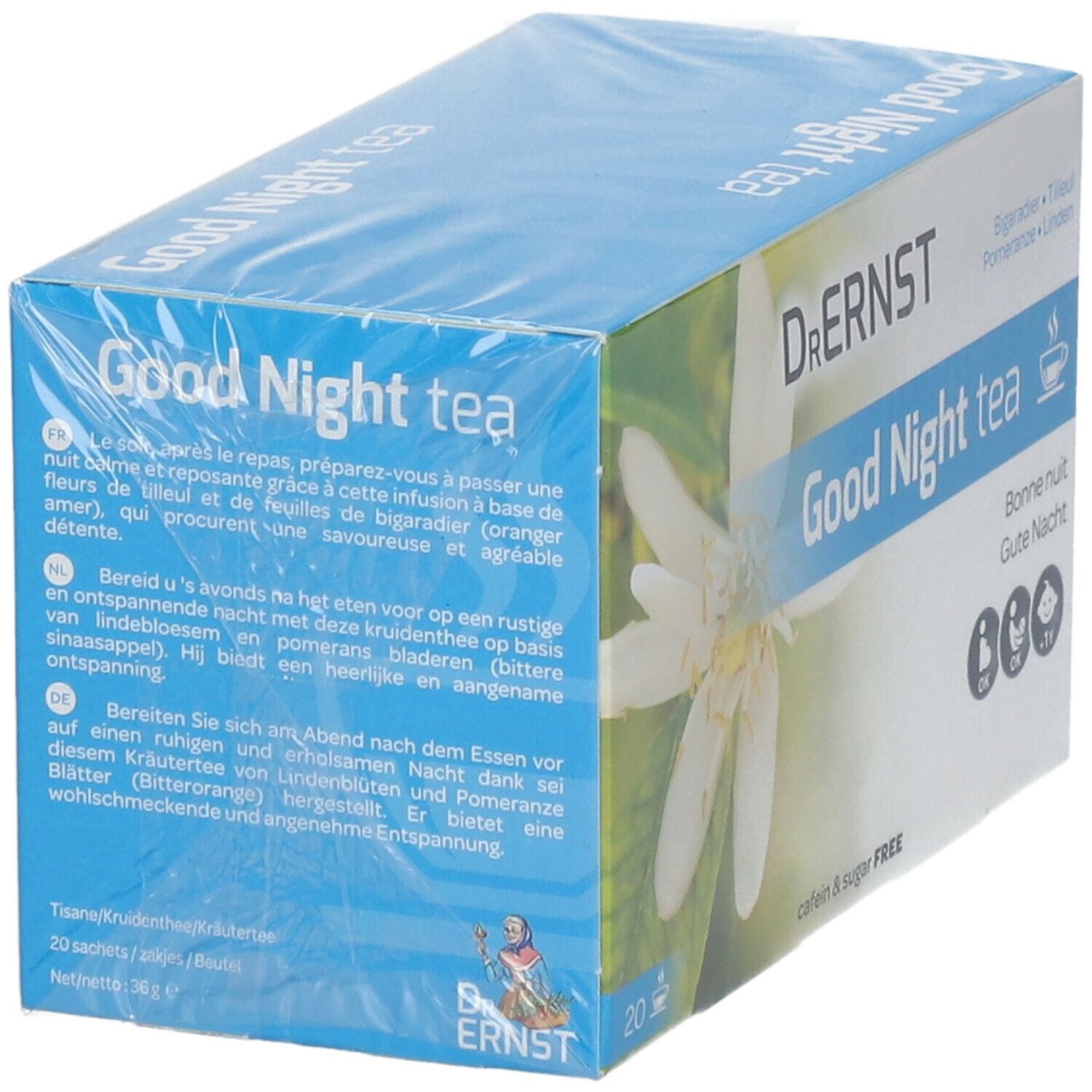 Emballage de thé Good Night Dr. Ernst. Boîte bleue avec motif floral et informations produit. 20 sachets.