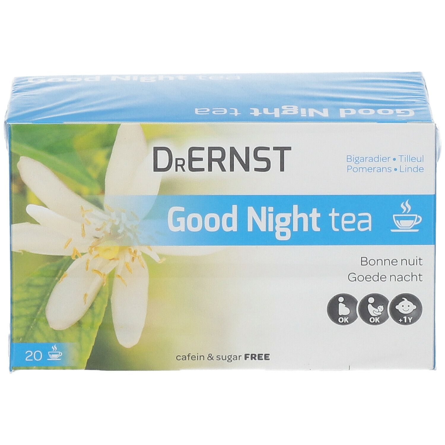 Emballage de thé Good Night Dr. Ernst. Boîte bleue avec motif floral et nom du produit. 20 sachets.