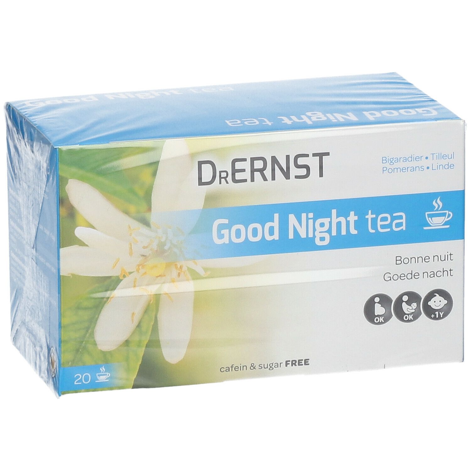 Emballage de thé Good Night Dr. Ernst. Boîte bleue avec motif floral et nom du produit. 20 sachets.