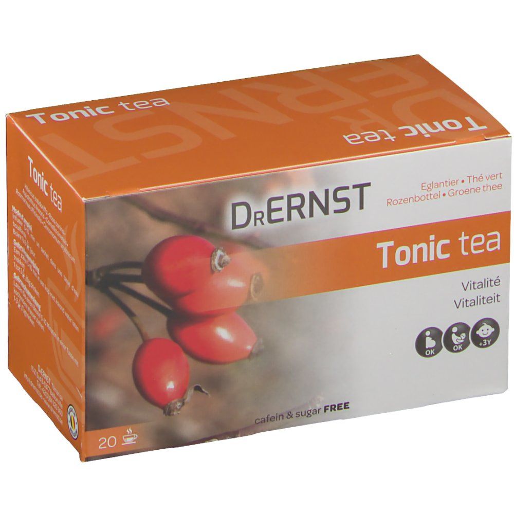 Boîte orange avec "Tonic tea" et "Dr. Ernst". Illustration de cynorhodons. 20 sachets de thé.