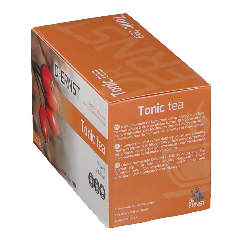 Boîte avec "Tonic tea" et "Dr. Ernst". Texte en allemand, français et néerlandais. Illustration de cynorhodons.