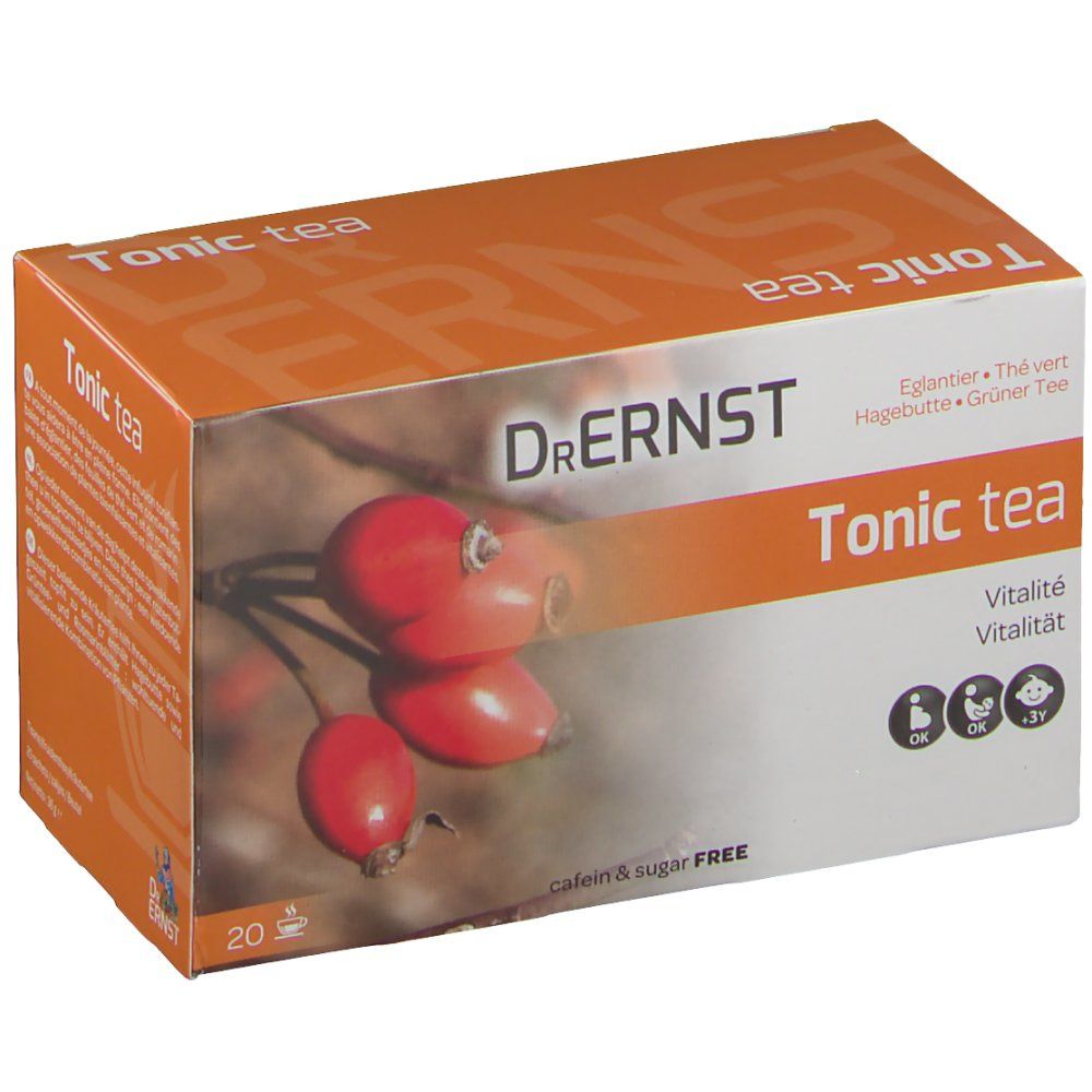 Boîte orange avec "Tonic tea" et "Dr. Ernst". Illustration de cynorhodons. 20 sachets de thé.