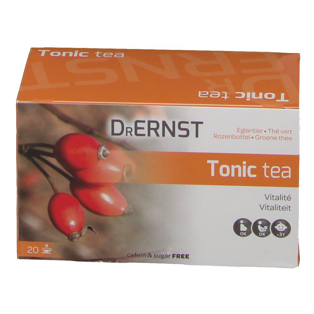 Boîte orange avec "Tonic tea" et "Dr. Ernst". Illustration de cynorhodons. 20 sachets de thé.