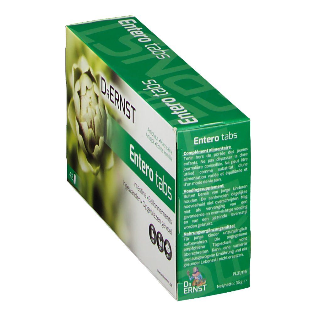 Boîte Dr. Ernst Entero tabs, en biais. Design vert et blanc avec artichaut. Texte: Entero tabs, 42 comprimés, symboles OK.
