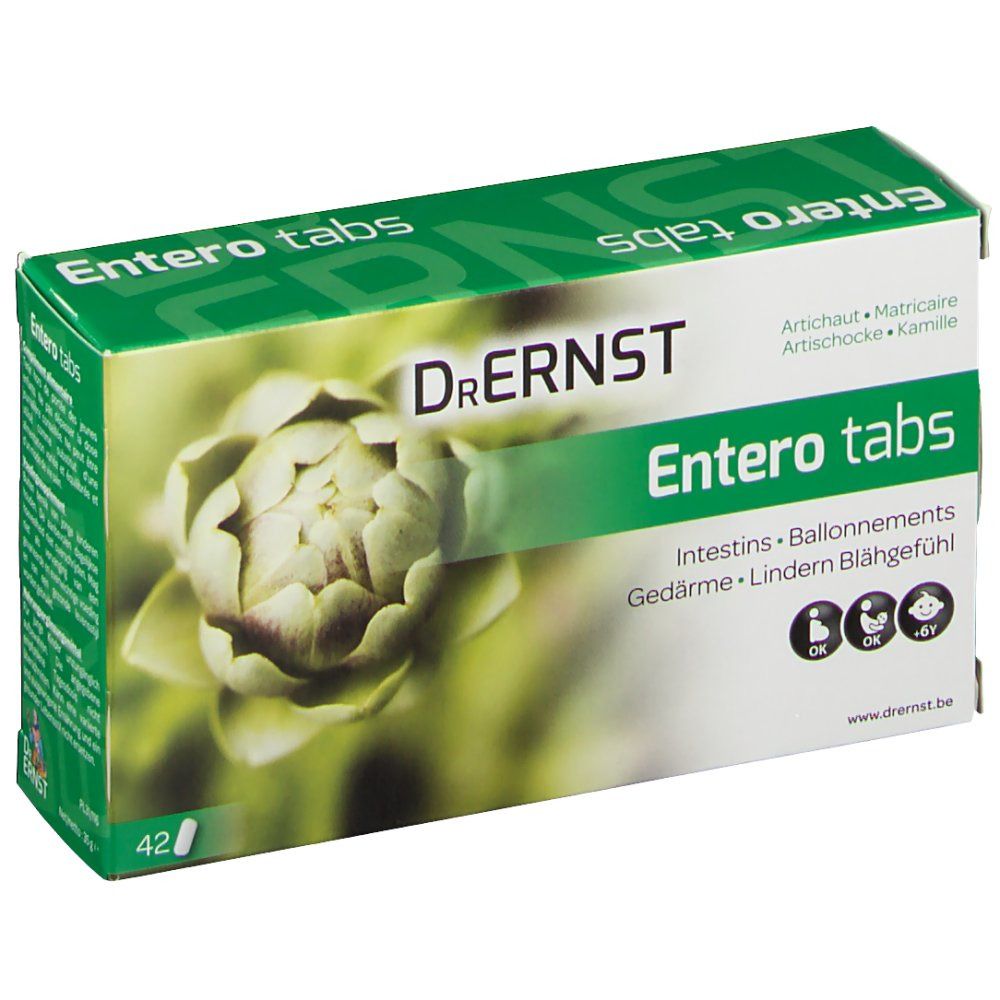 Boîte Dr. Ernst Entero tabs. Design vert et blanc avec artichaut. Texte: Entero tabs, 42 comprimés, symboles OK.