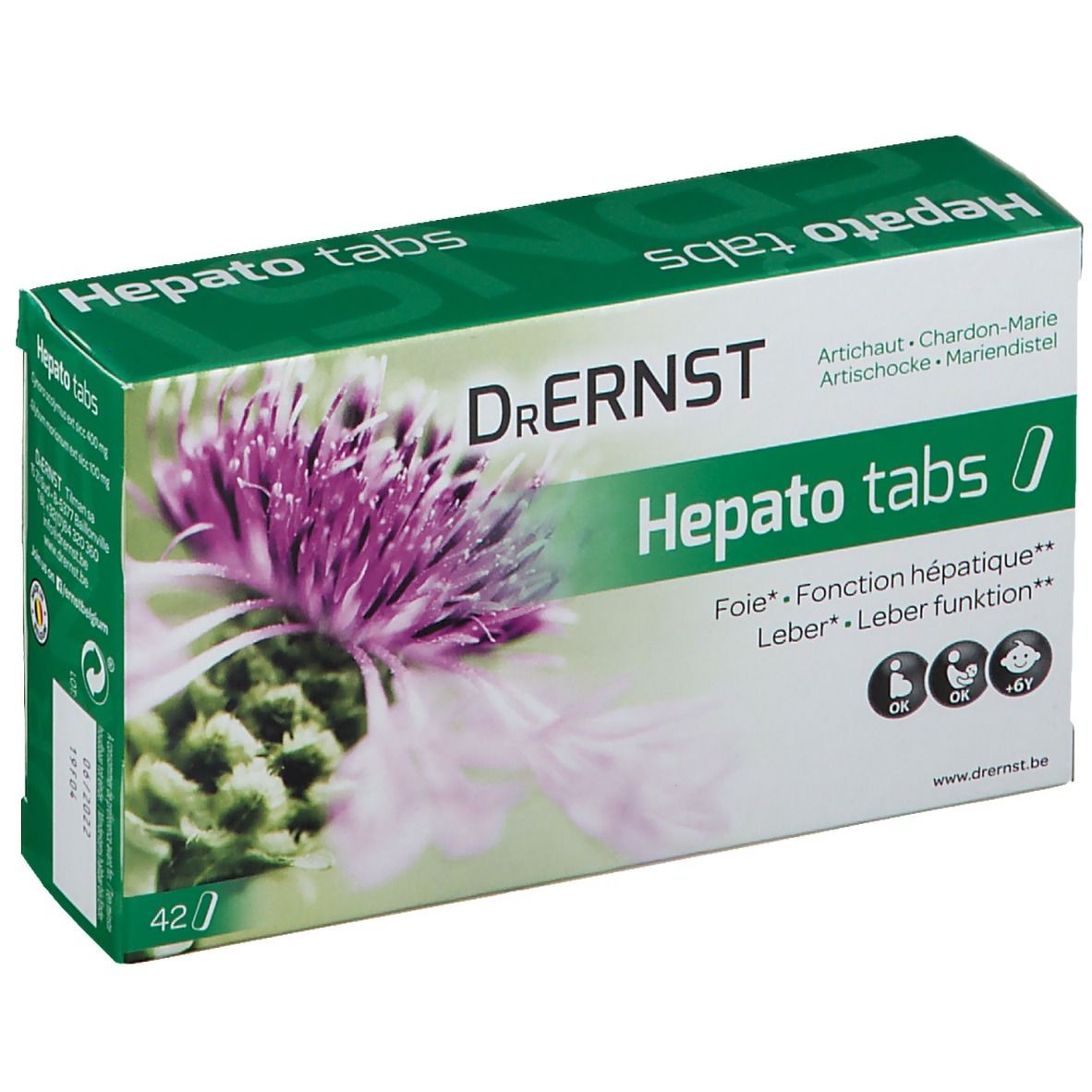 Boîte de Dr. Ernst Hepatotabs. Design vert et blanc avec motif floral. Contient 42 comprimés. Texte: Hepatotabs, artichaut, chardon-marie, foie.
