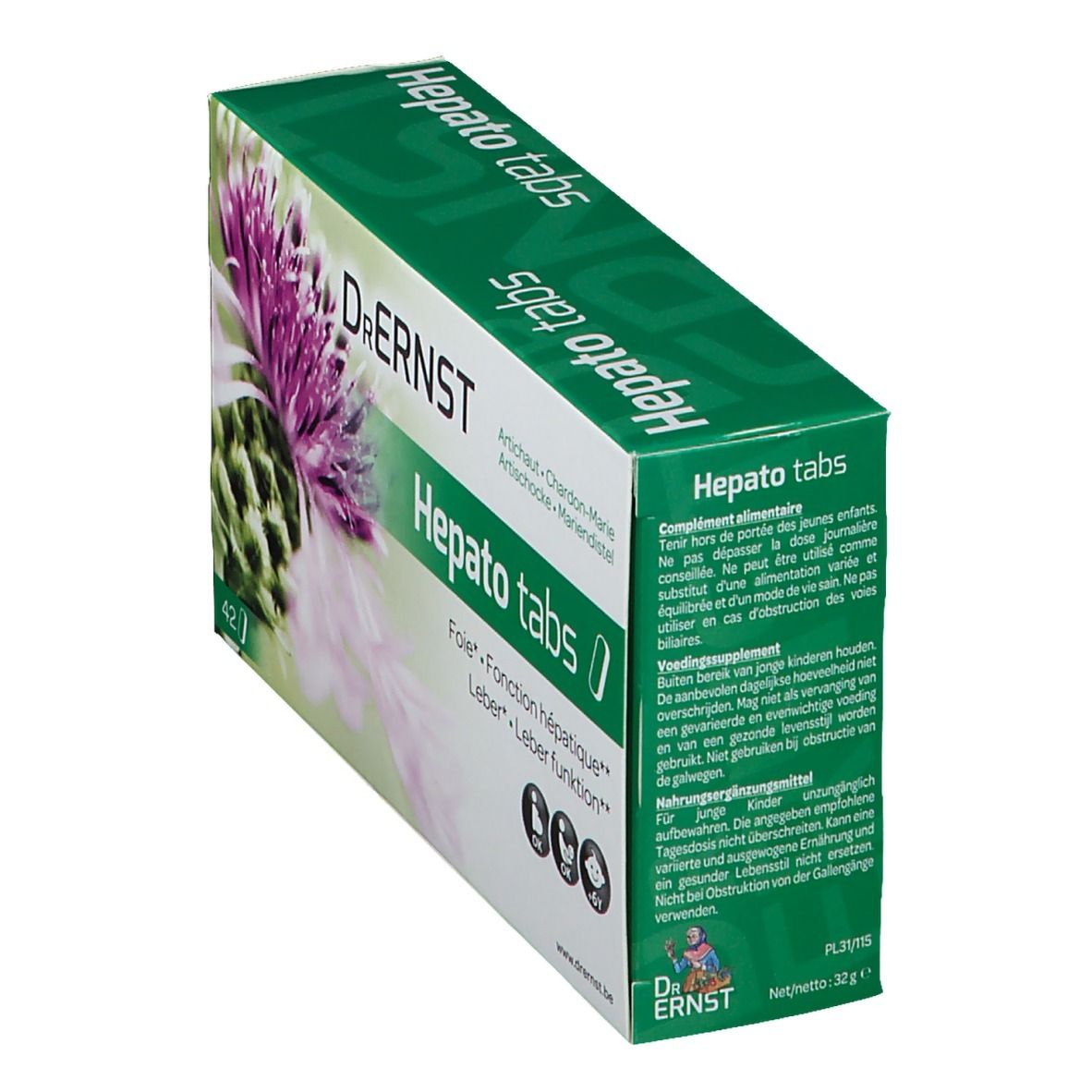 Boîte de Dr. Ernst Hepatotabs, en biais. Design vert et blanc avec motif floral. Texte: Hepatotabs, ingrédients, informations nutritionnelles, adresse.