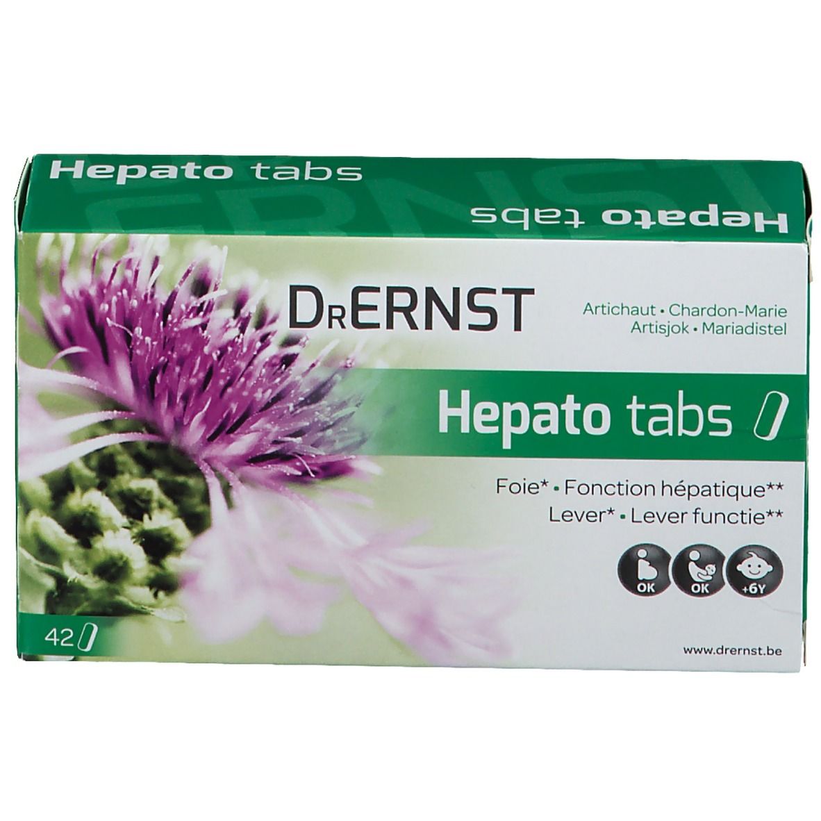 Boîte de Dr. Ernst Hepatotabs. Design vert et blanc avec motif floral. Contient 42 comprimés. Texte: Hepatotabs, artichaut, chardon-marie, foie.