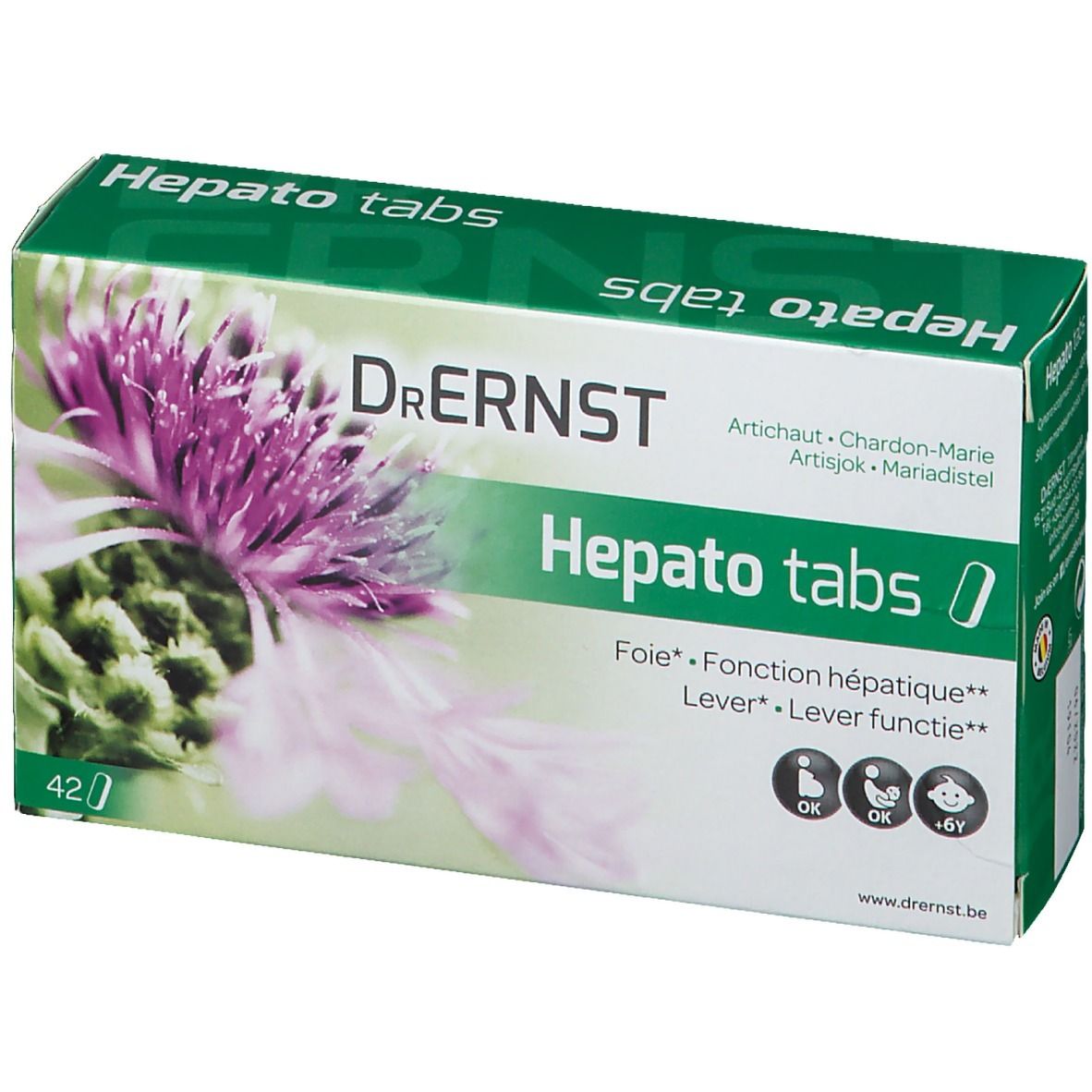 Boîte de Dr. Ernst Hepatotabs. Design vert et blanc avec motif floral. Contient 42 comprimés. Texte: Hepatotabs, artichaut, chardon-marie, foie.