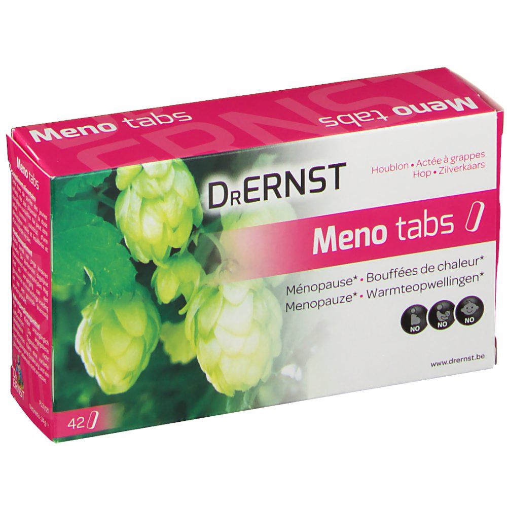 Boîte de Dr. Ernst Meno tabs. Inscription : Meno tabs, Dr. Ernst, houblon, 42 comprimés. Illustration de fleurs de houblon.