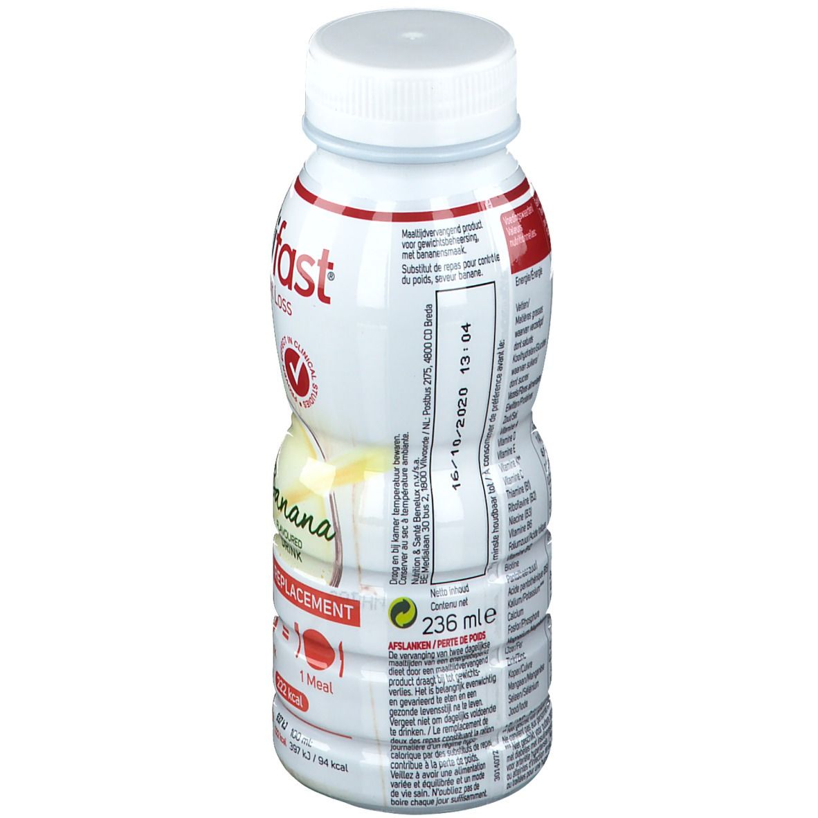 Wit-rode fles met bananensmaak. Bevat 236 ml. Opschrift: Modifast, Meal Replacement, Banaan. Met schroefdop.