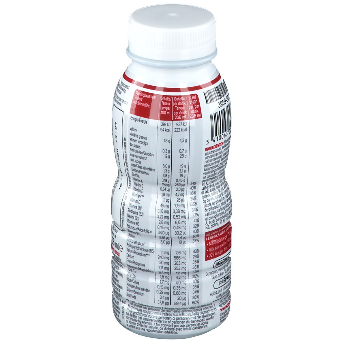 Witte fles met voedingswaarde-informatie. Bevat 236 ml. Met schroefdop. Opschrift: Modifast. Bevat vitaminen en mineralen.