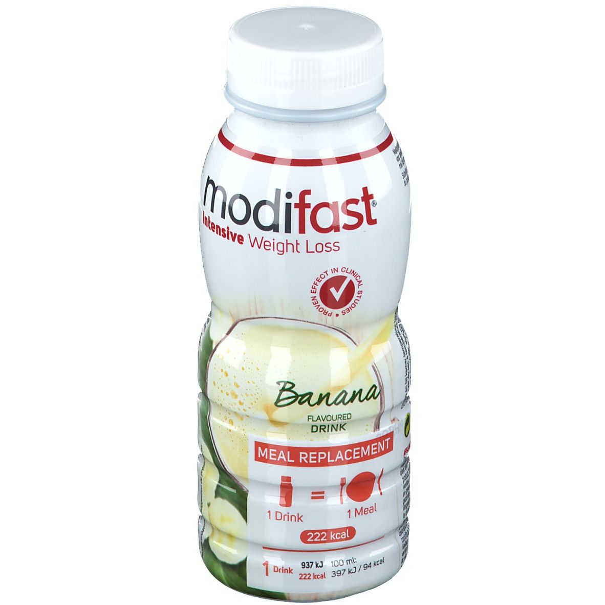 Witte fles met bananensmaak. Opschrift: Modifast, Intensive Weight Loss, Banaan, Meal Replacement. Met schroefdop.