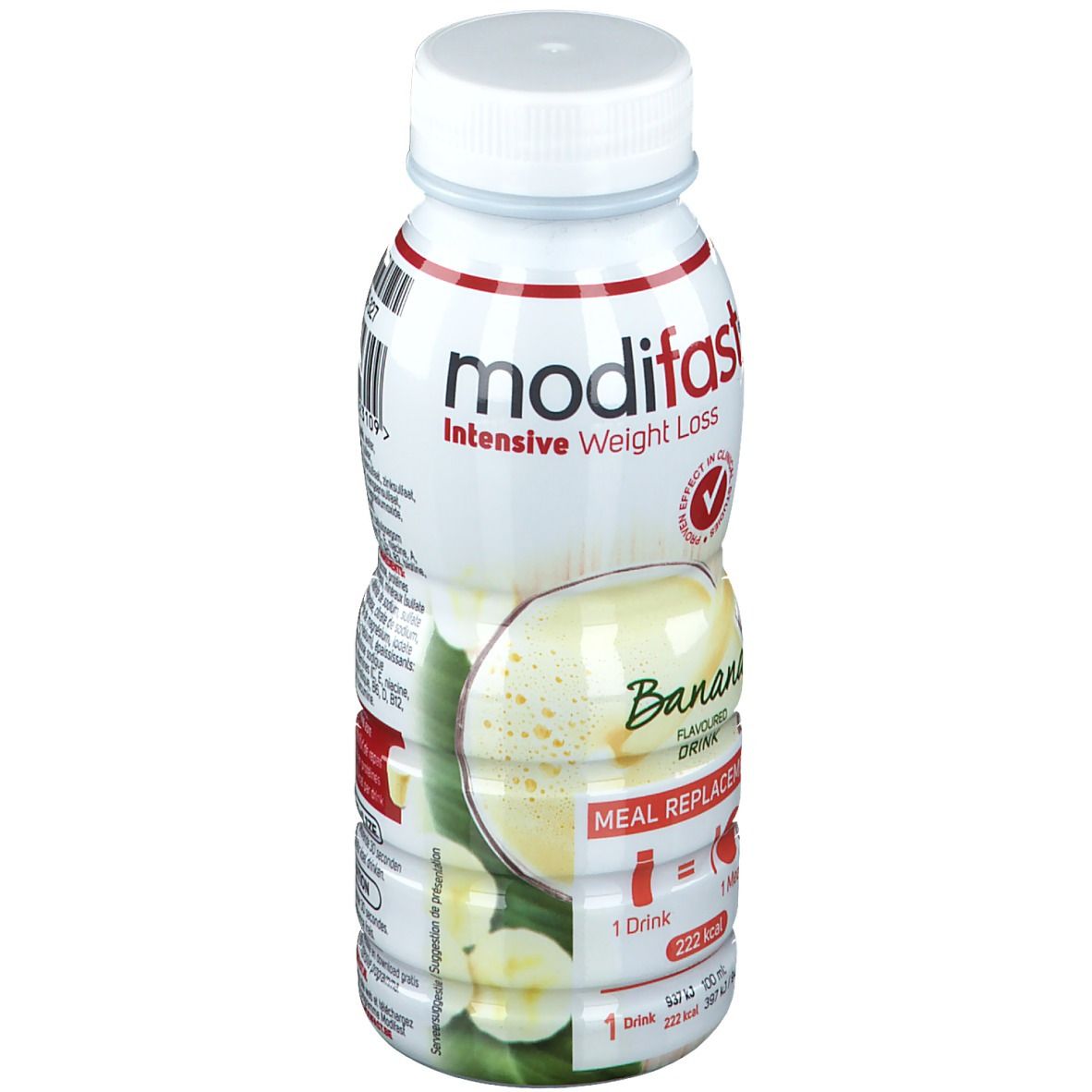 Witte fles met bananensmaak. Opschrift: Modifast, Intensive Weight Loss, Banaan, Meal Replacement. Met schroefdop.