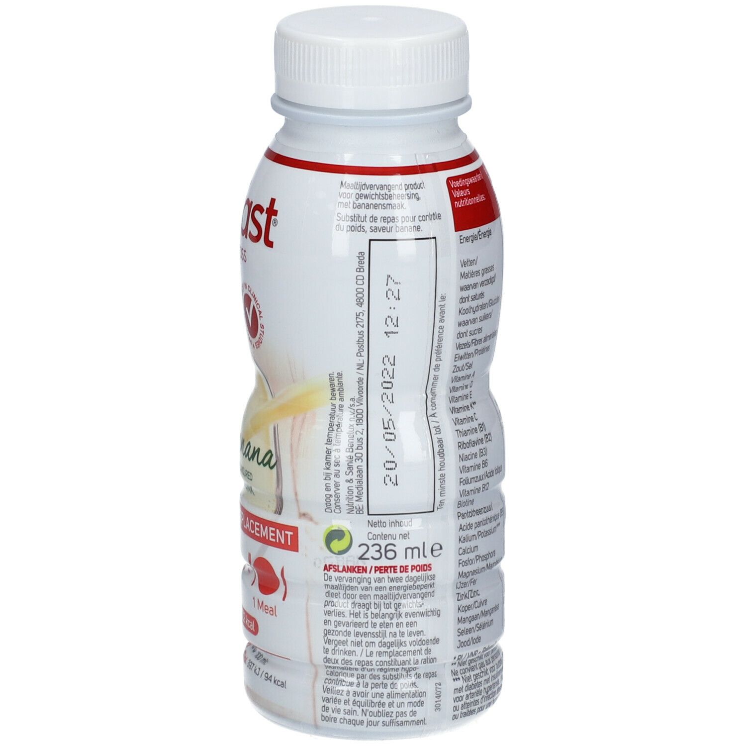 Wit-rode fles met bananensmaak. Bevat 236 ml. Opschrift: Modifast, Meal Replacement, Banaan. Met schroefdop.