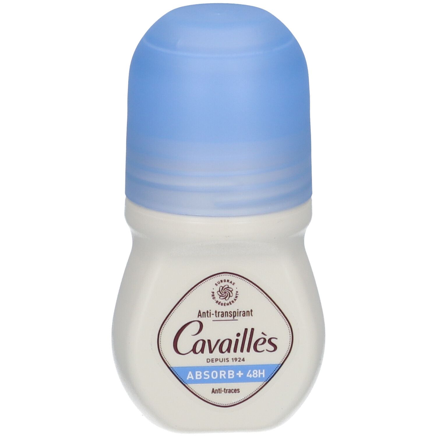 Roll-on blanc et bouchon bleu. Inscription: Cavaillès, Absorb+ 48H. Anti-transpirant.