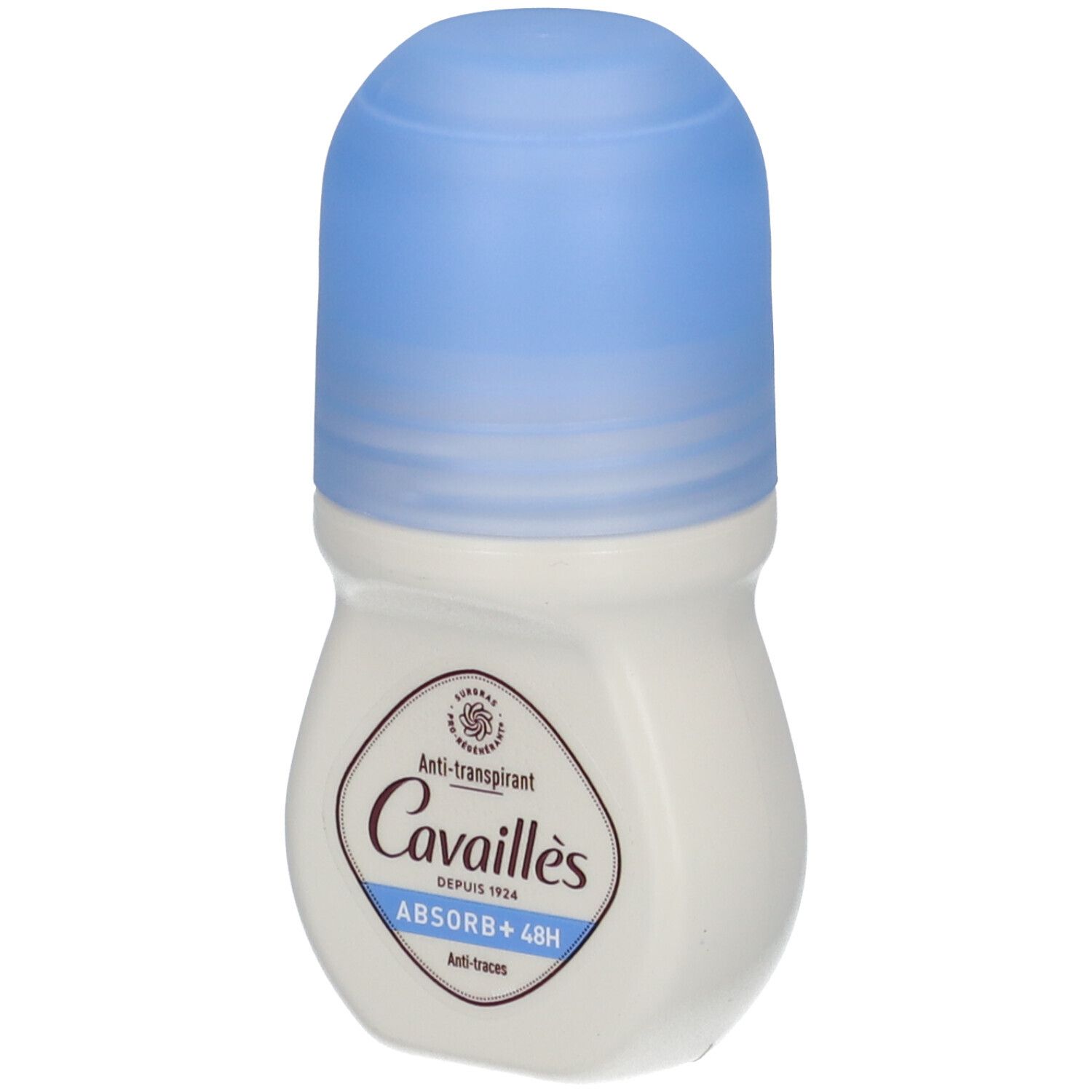 Roll-on blanc et bouchon bleu. Inscription: Cavaillès, Absorb+ 48H. Anti-transpirant.