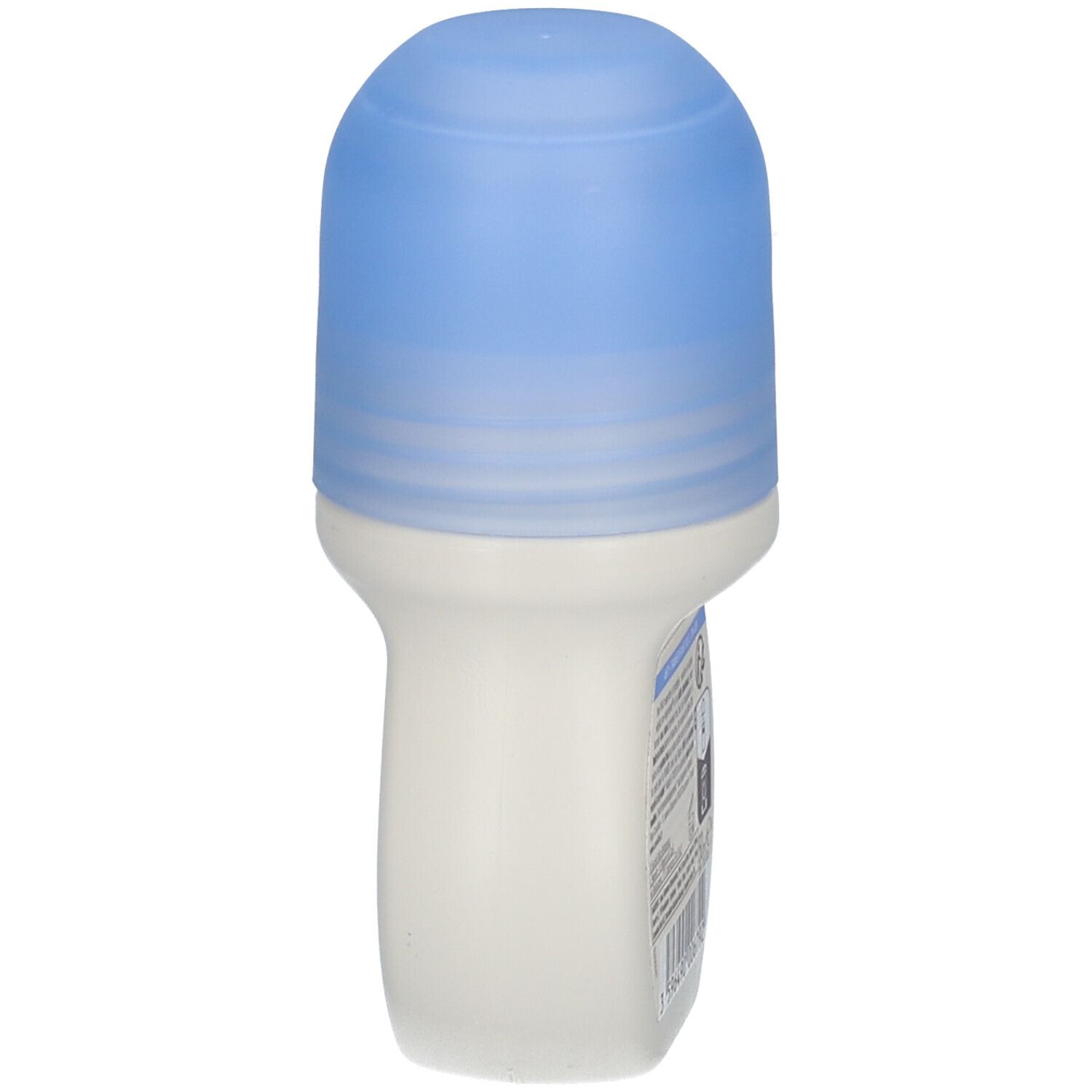 Roll-on blanc et bouchon bleu, vue latérale. Texte illisible.