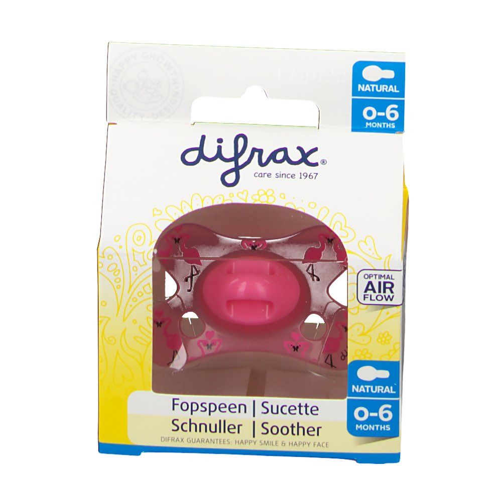 Emballage avec sucette rose. Visible: marque, nom du produit, recommandation d'âge 0-6 mois, et 'Optimal Air Flow'.