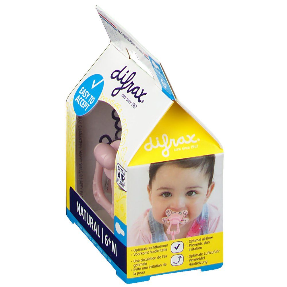 Emballage de sucette rose avec poignée. Inscription: Natural 6+ mois. Marque: difrax. Bébé avec sucette.