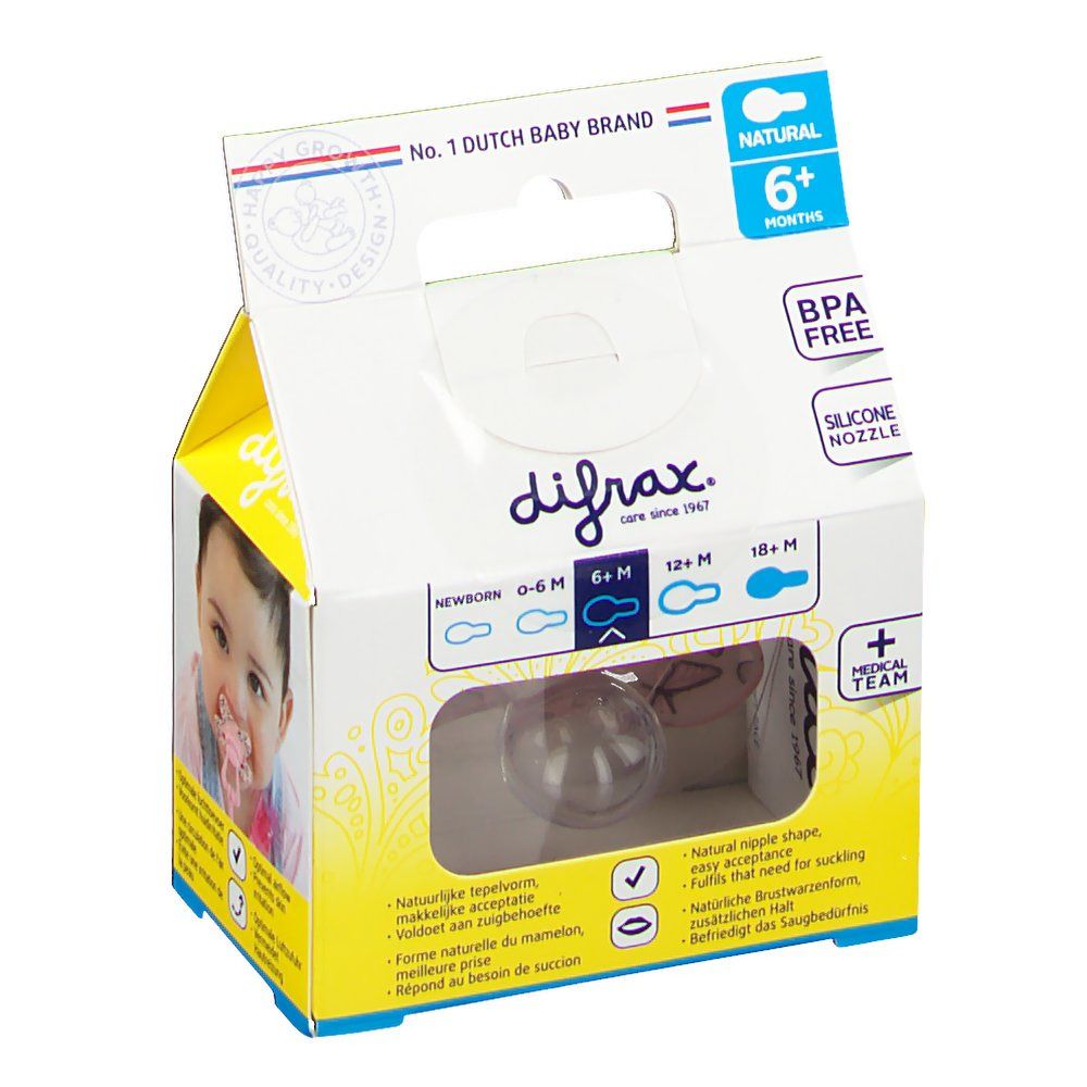Emballage de sucette transparente. Inscription: Natural 6+ mois. Marque: difrax. Bébé avec sucette.
