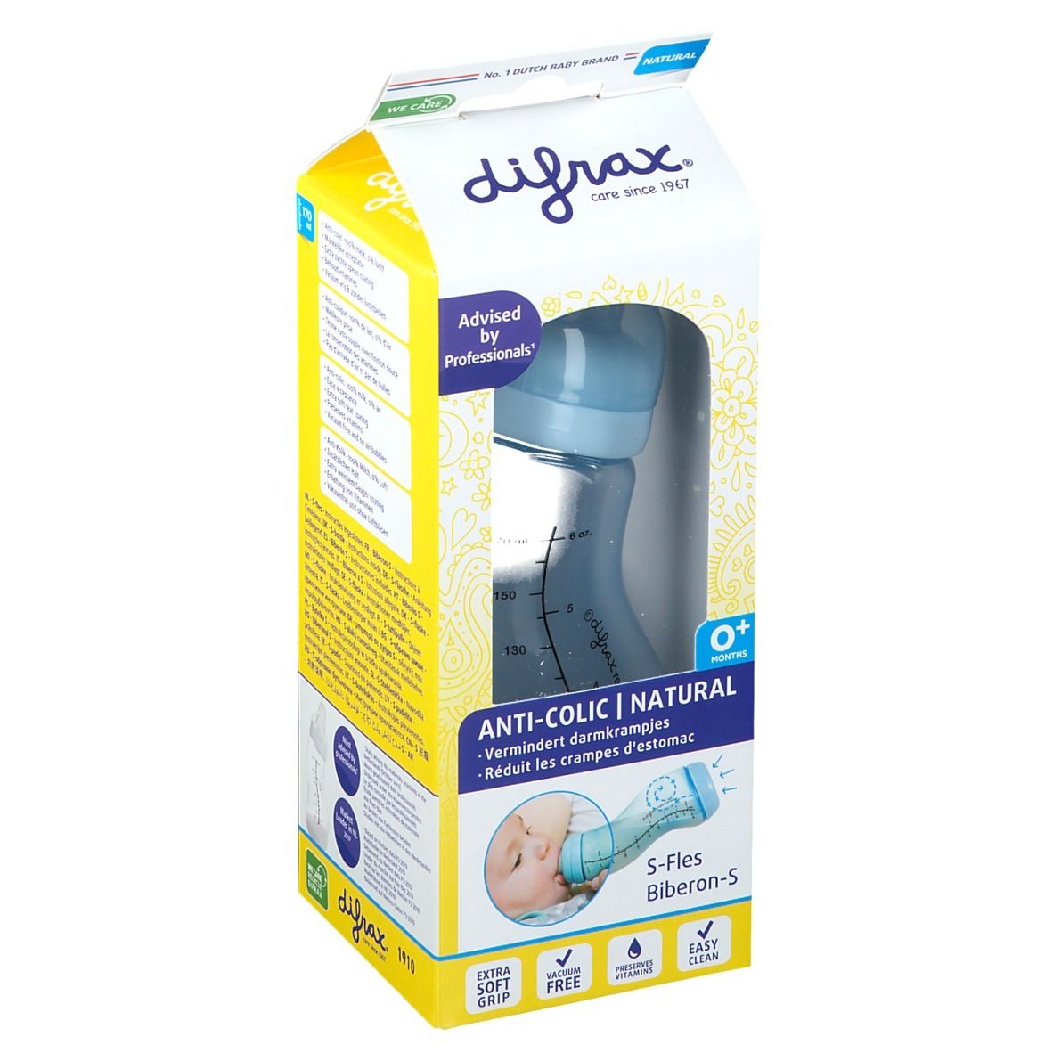 Verpakking met blauwe fles. Schaalverdeling zichtbaar. Tekst: Anti-colic, Natural. Merk: Difrax.