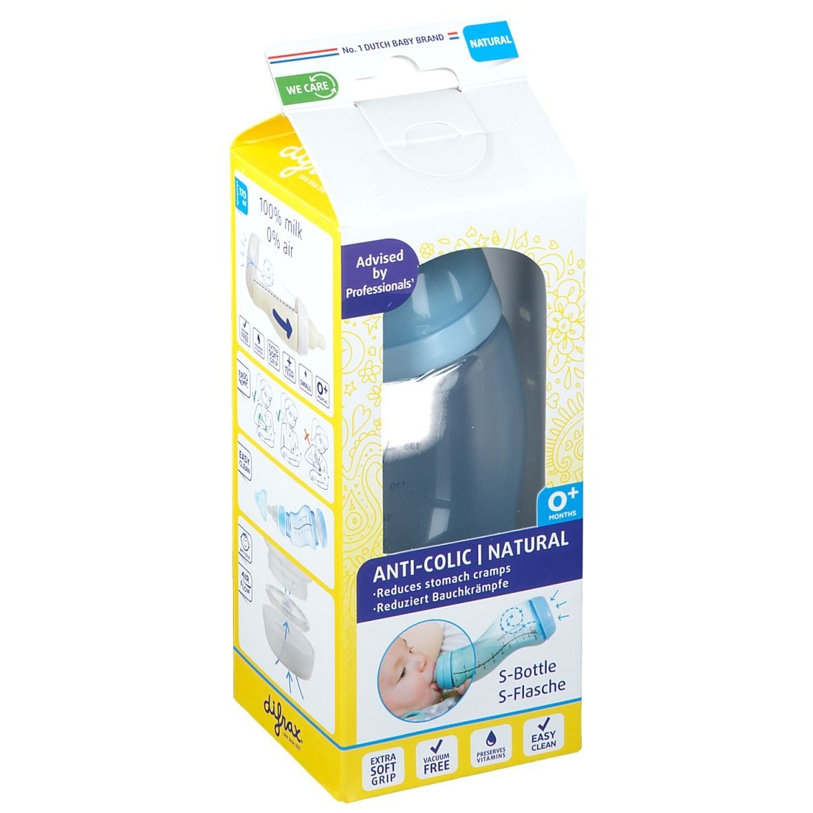 Verpakking met blauwe fles zichtbaar. Tekst: Anti-colic, Natural. Merk: Difrax. O+.