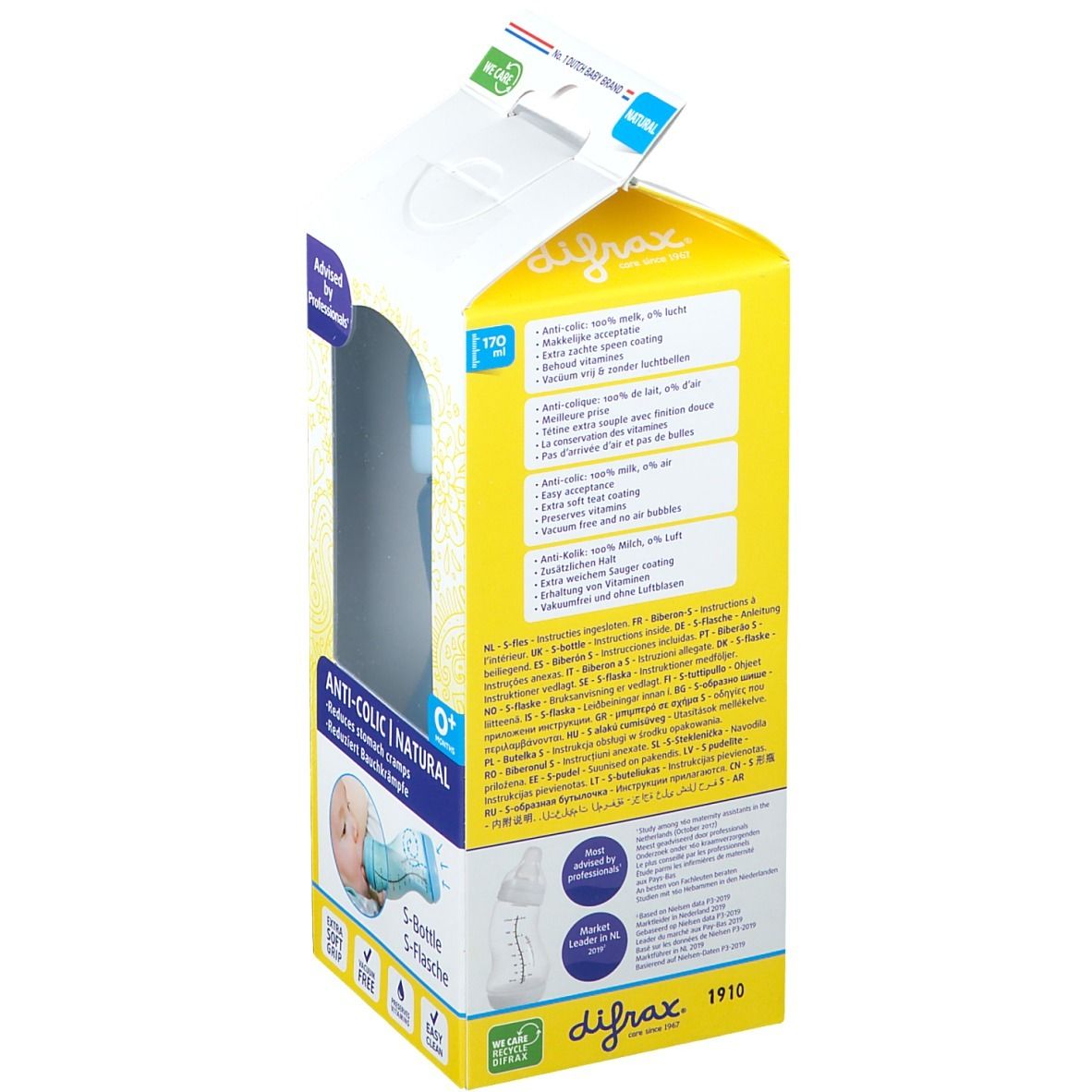 Achterkant van de verpakking. Teksten en diagrammen. Merk: Difrax. Tekst: Anti-colic, Natural. O+.