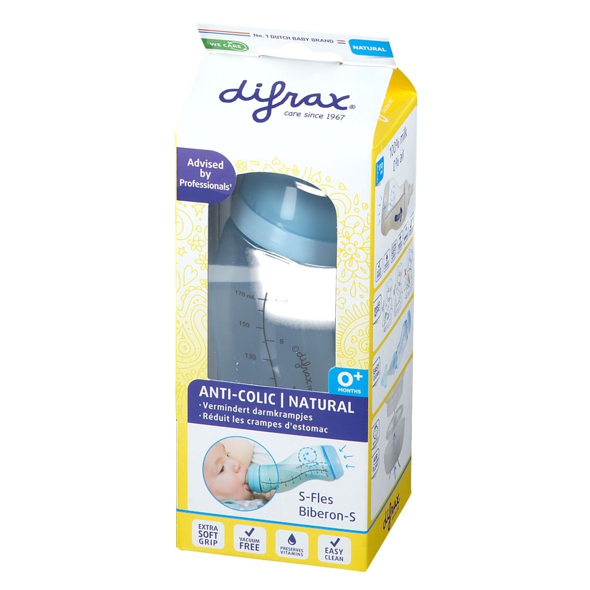 Babyfles in verpakking. Blauwe fles zichtbaar. Tekst: Anti-colic, Natural. Merk: Difrax. O+.