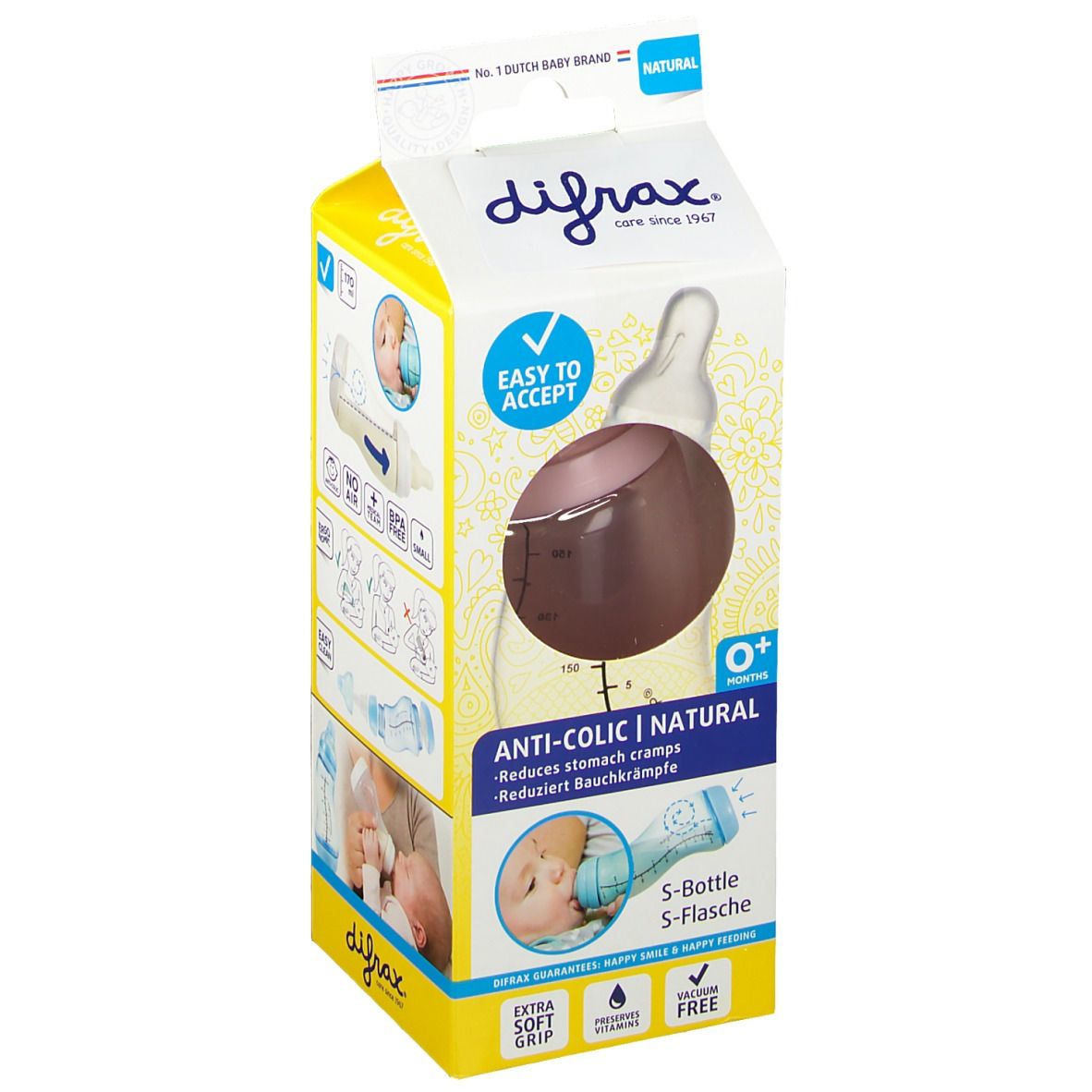 Emballage Difrax S-Fles Natural Estrecho Niña. Biberon marron, flacon transparent, emballage jaune et blanc.