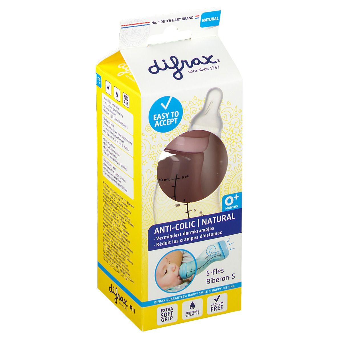 Emballage Difrax S-Fles Natural Estrecho Niña. Biberon marron, flacon transparent, emballage jaune et blanc.