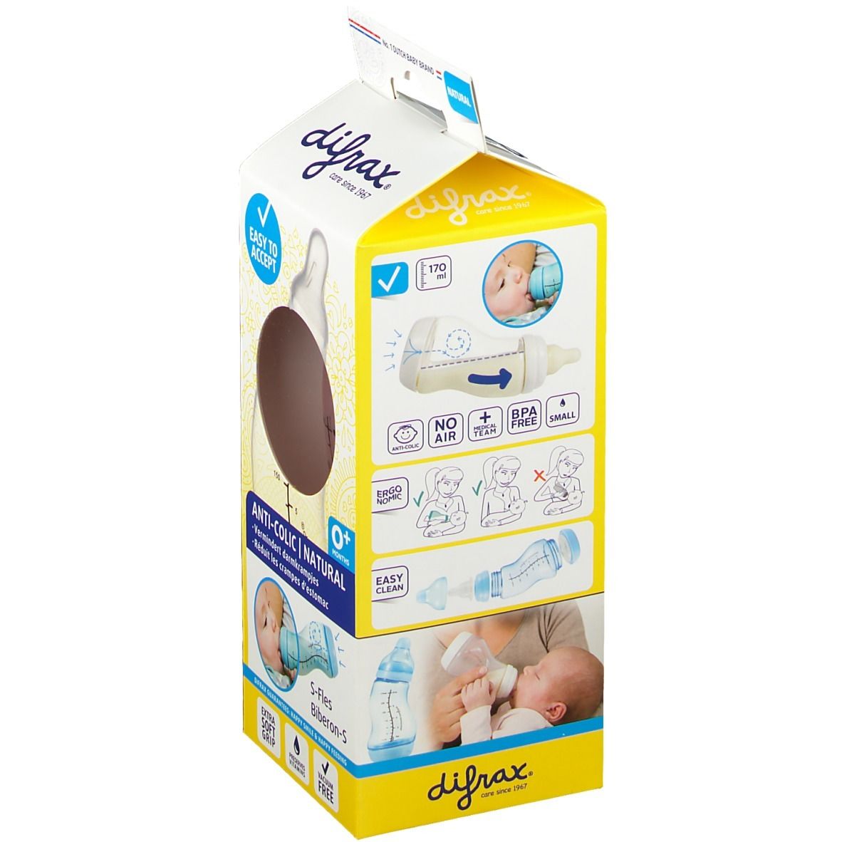 Emballage Difrax S-Fles Natural Estrecho Niña. Biberon marron, flacon transparent, emballage jaune et blanc.