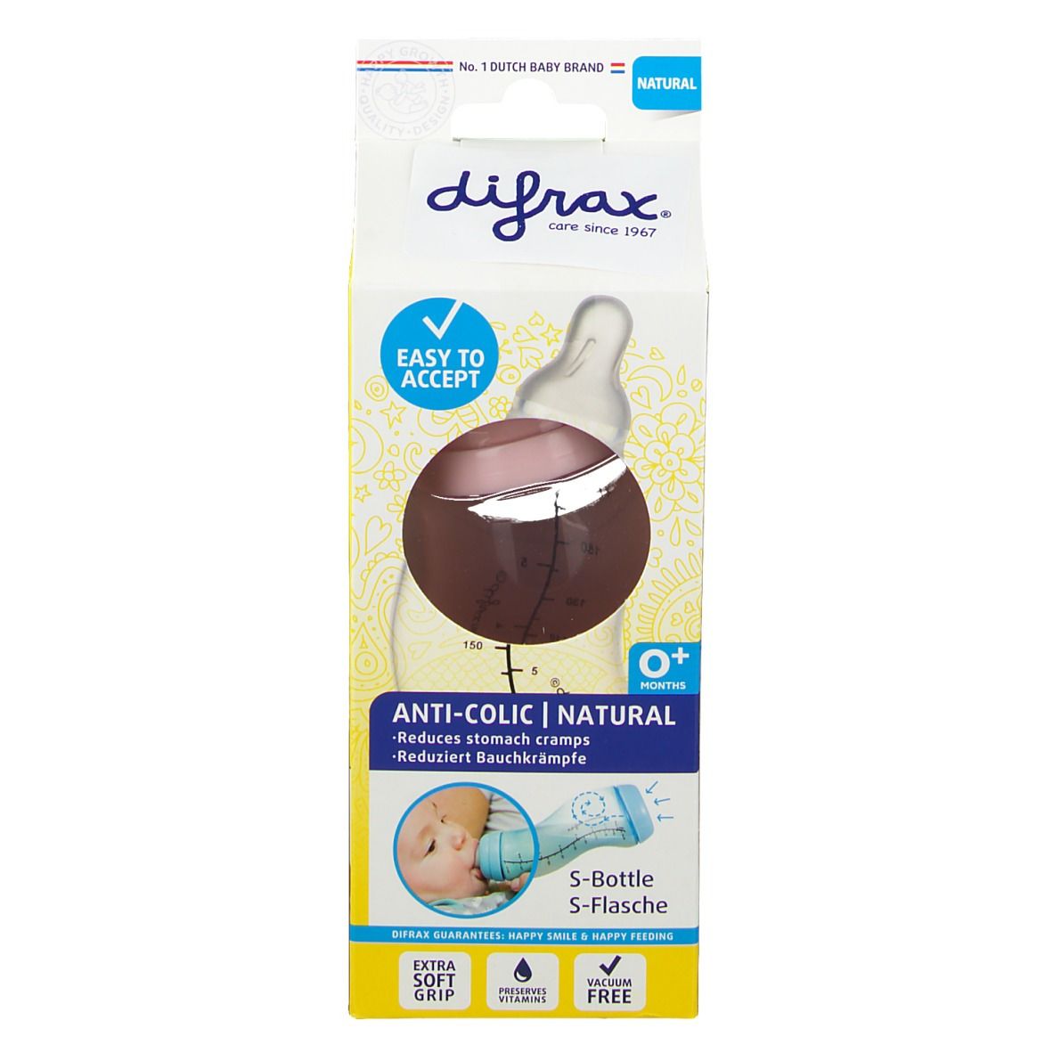 Emballage Difrax S-Fles Natural Estrecho Niña. Biberon marron, flacon transparent, emballage jaune et blanc.