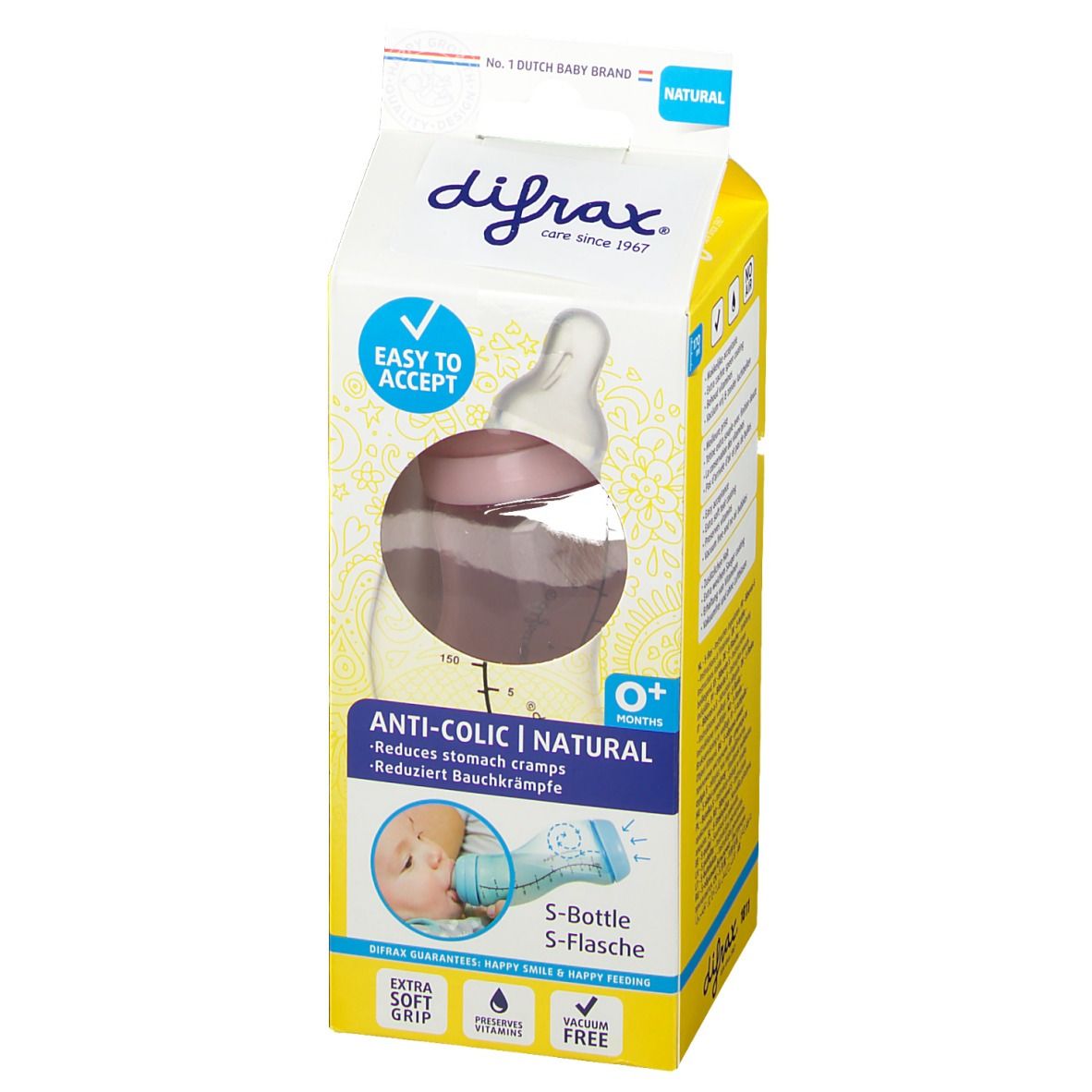Emballage Difrax S-Fles Natural Estrecho Niña. Biberon rose, flacon transparent, emballage jaune et blanc.
