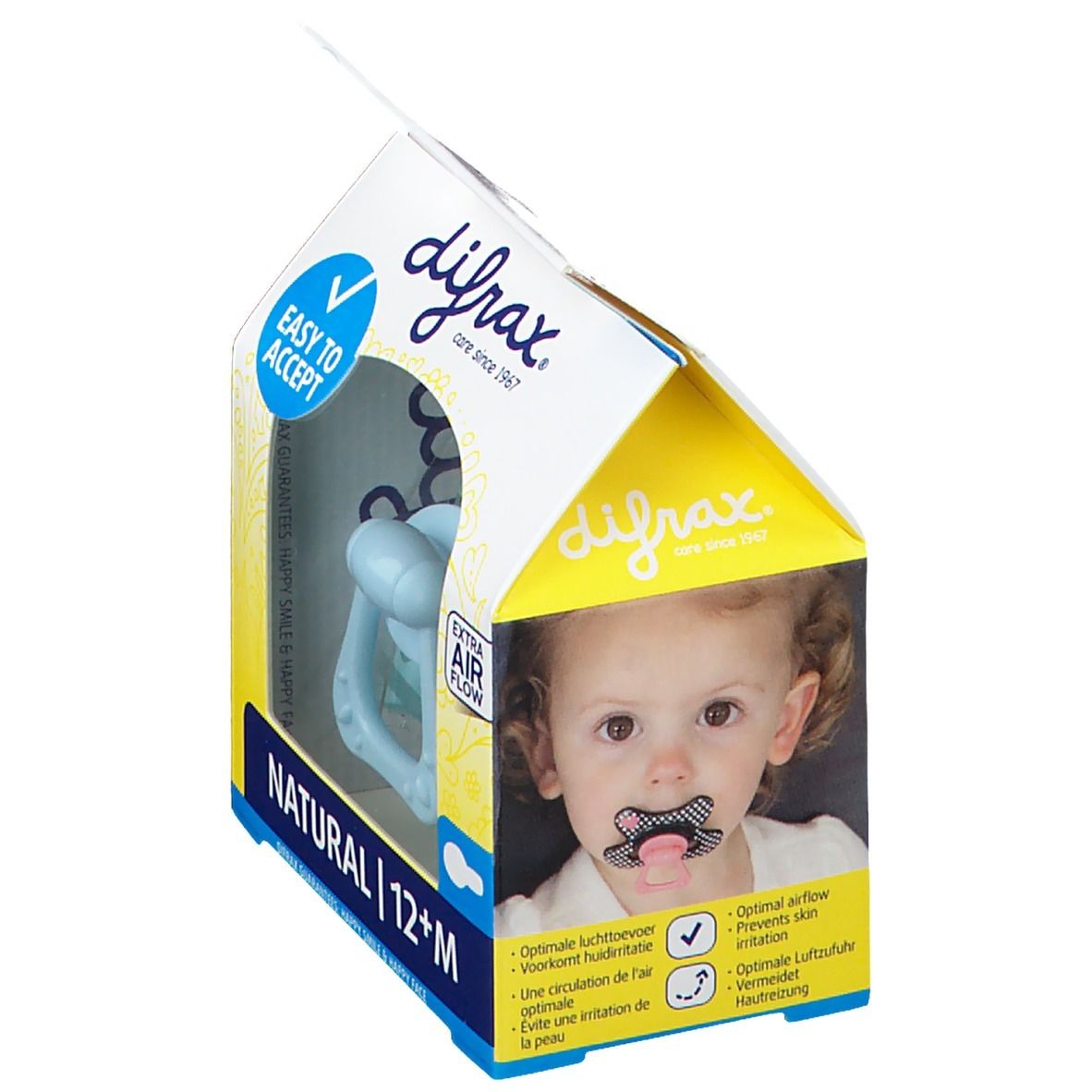 Emballage de sucette bleue avec enfant. Texte: Difrax, Natural 12+M, Easy to Accept, Extra Air Flow.