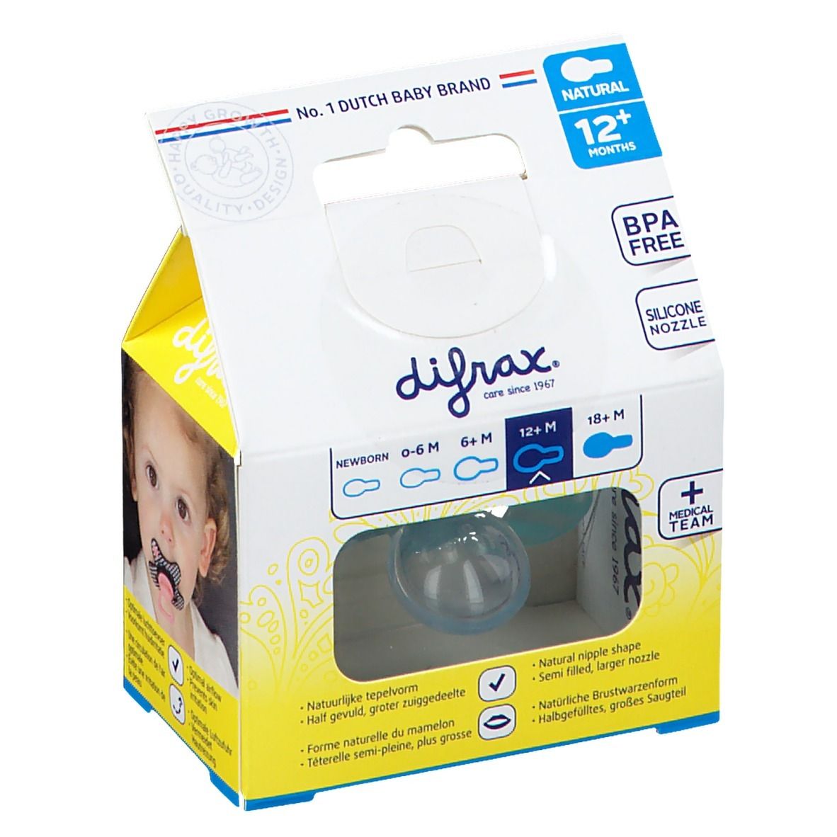 Emballage de sucette bleue. Texte: Difrax, Natural 12+M, BPA Free, Silicone Nipple.