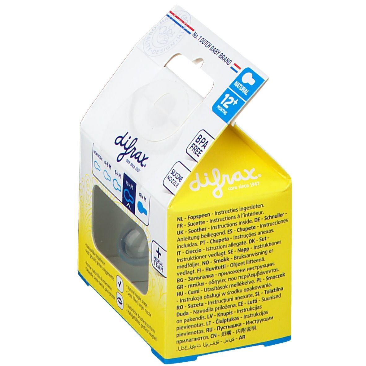 Emballage de sucette bleue. Texte: Difrax, Natural 12+M, BPA Free, Silicone Nipple.