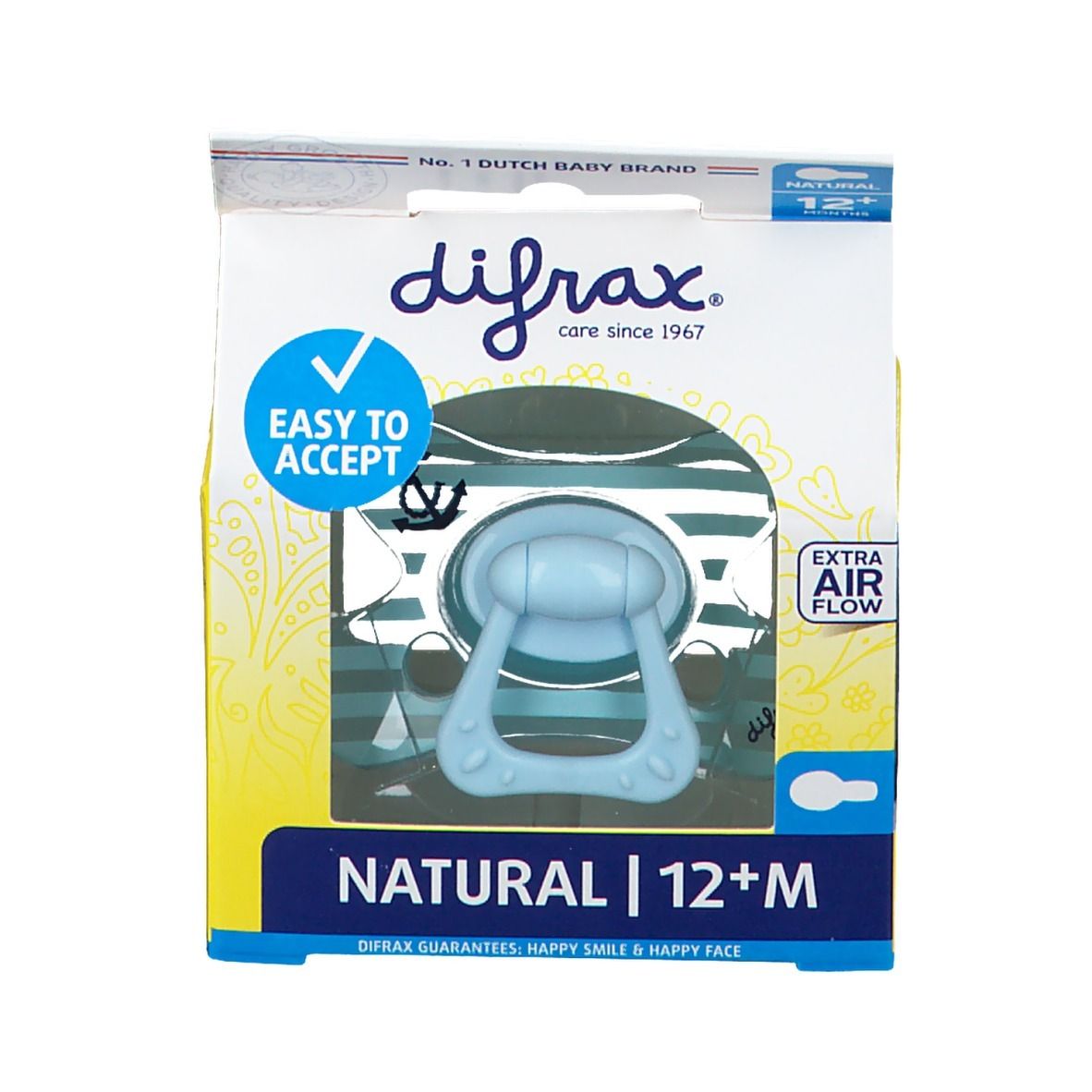 Sucette dans l'emballage. Bleu, avec poignée. Texte: Difrax, Natural 12+M, Easy to Accept, Extra Air Flow.