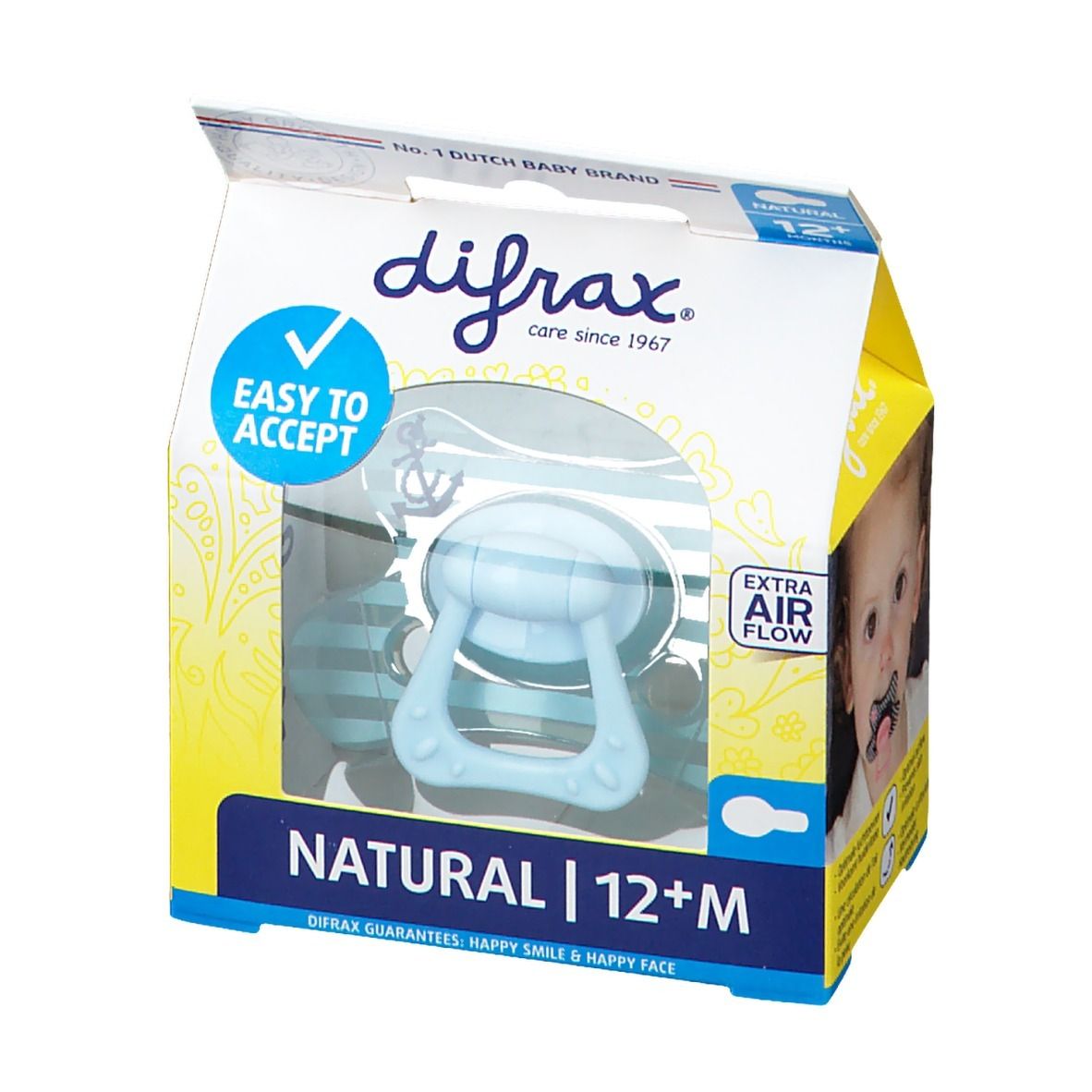 Sucette dans l'emballage. Bleu, avec poignée. Texte: Difrax, Natural 12+M, Easy to Accept, Extra Air Flow.