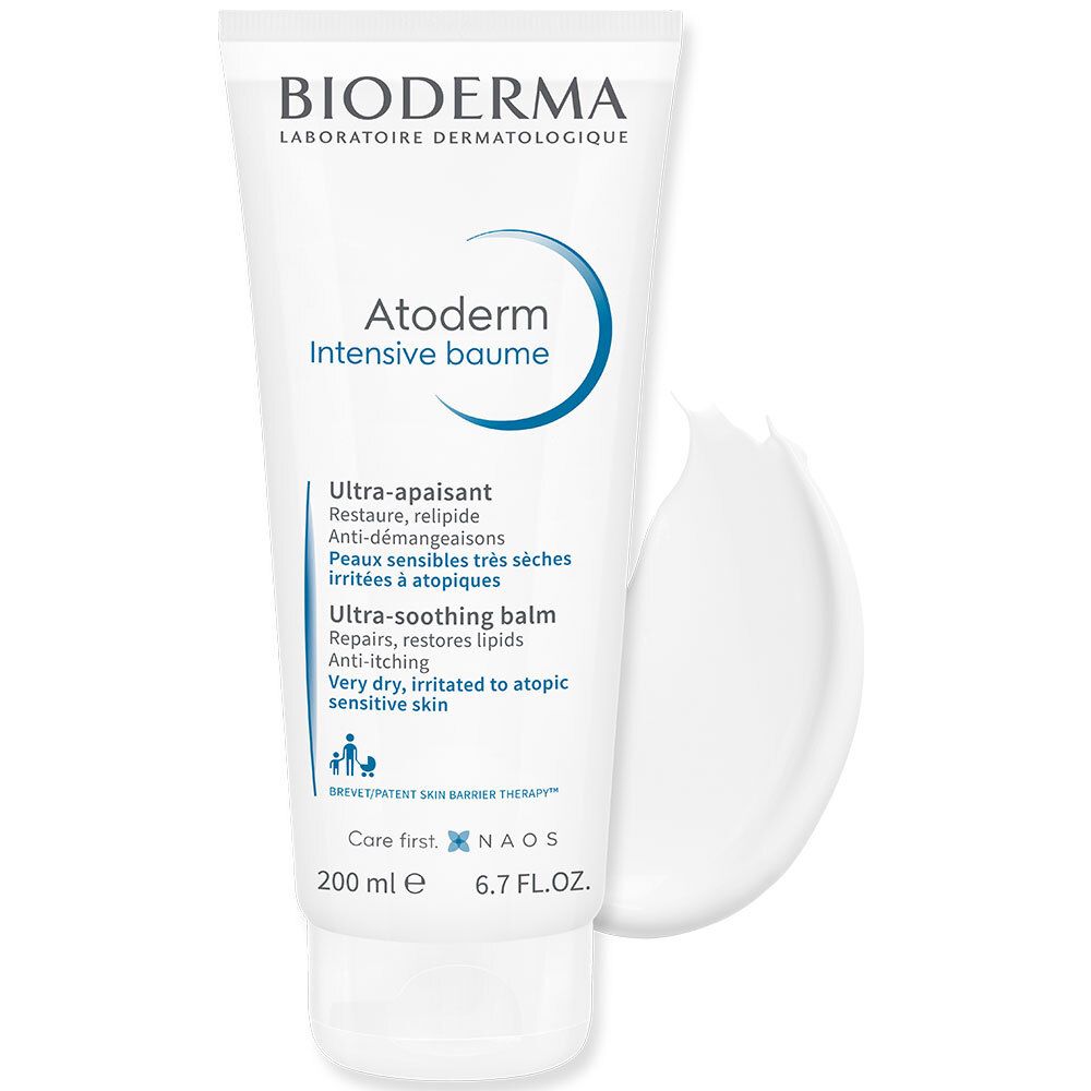 Witte tube met product en klodder. Opschrift: BIODERMA, Atoderm Intensive baume. Tekst: Ultra-apaisant, Ultra-soothing balm. 200 ml.