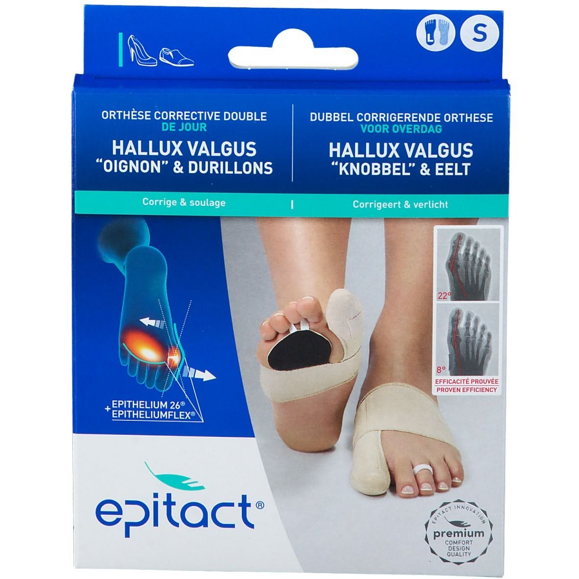Boîte Epitact. Orthese pour hallux valgus. Image du produit et informations. Taille S.