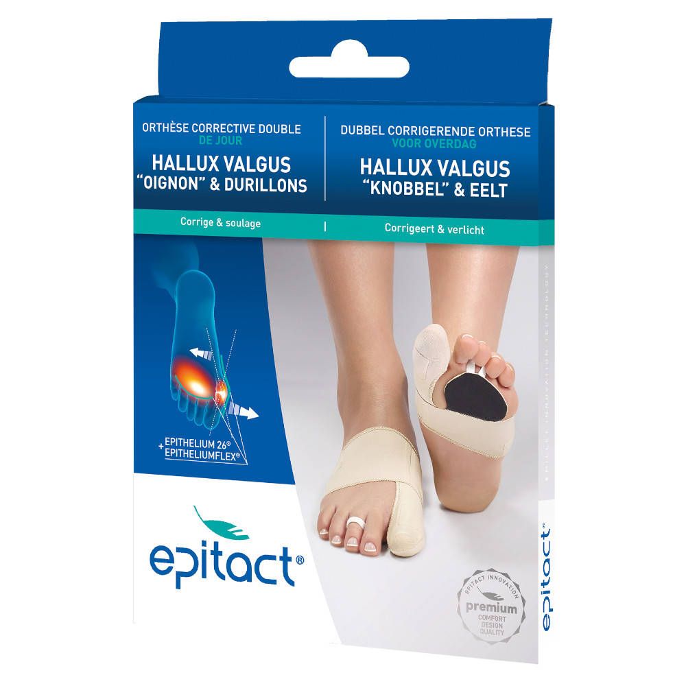 Emballage Epitact Hallux Valgus. Image pied avec orthèse. Texte: Hallux Valgus, Epithelium 26, Epitact.