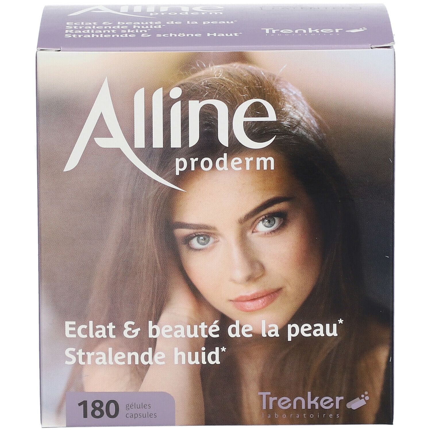 Boîte Alline Proderm. Inscription: Alline Proderm, Eclat & beauté de la peau, 180 gélules.