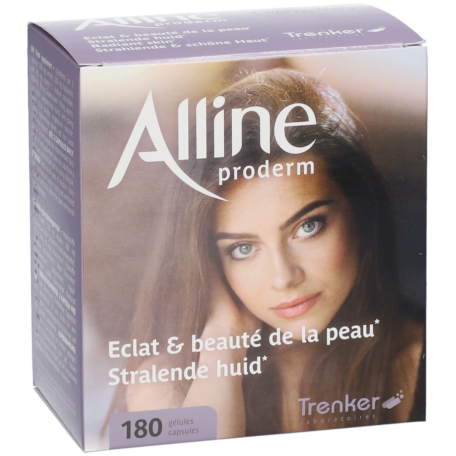Boîte Alline Proderm. Inscription: Alline Proderm, Eclat & beauté de la peau, 180 gélules.