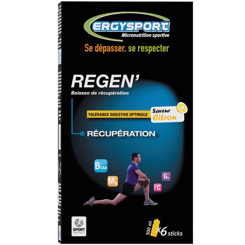 Doosje Ergysport Regen' sticks. Opschrift: 'Récupération', 'Saveur Citron'. Bevat 6 sticks.