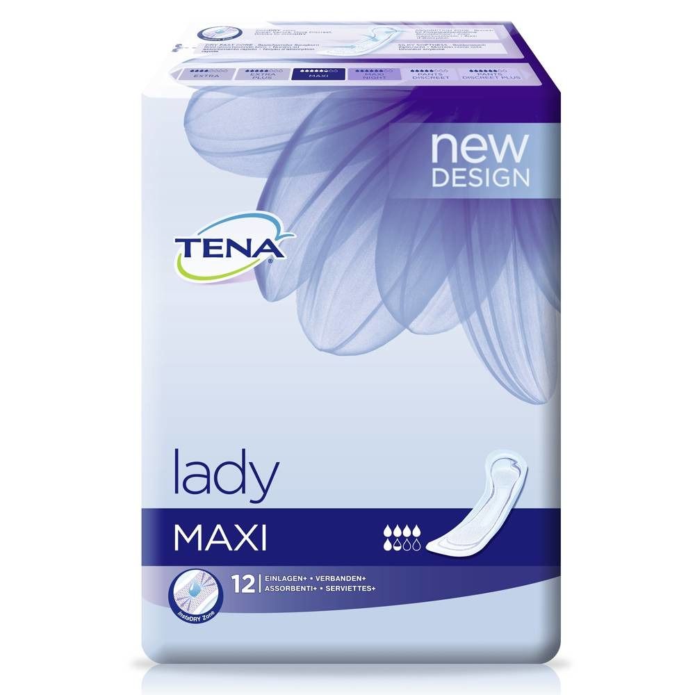Verpakking Tena Lady Maxi. Blauwe verpakking met productafbeelding en tekst. 12 stuks.