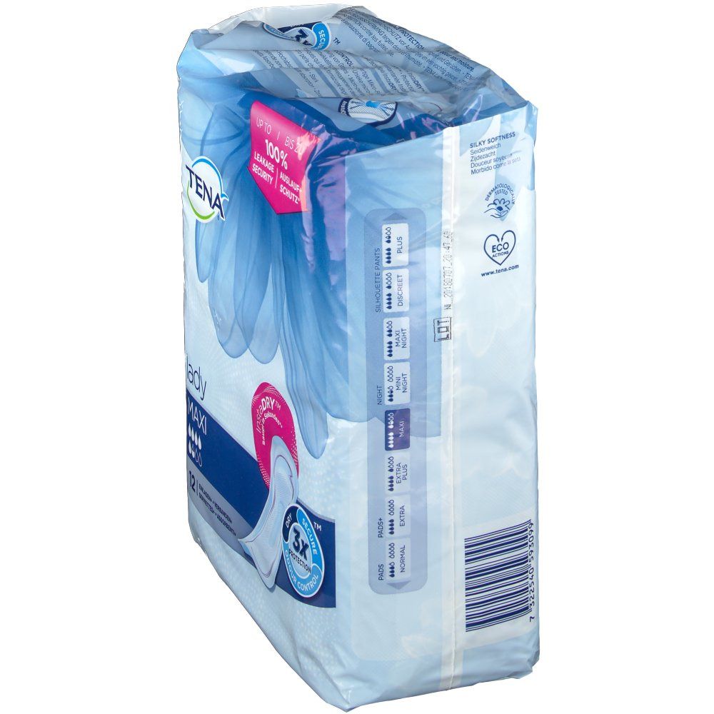 Zijaanzicht van de Tena Lady Maxi verpakking. Blauwe verpakking met afbeelding en tekst. 100% veiligheid.